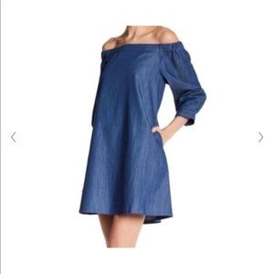 Off the shoulder, chambray, mini dress with pocket